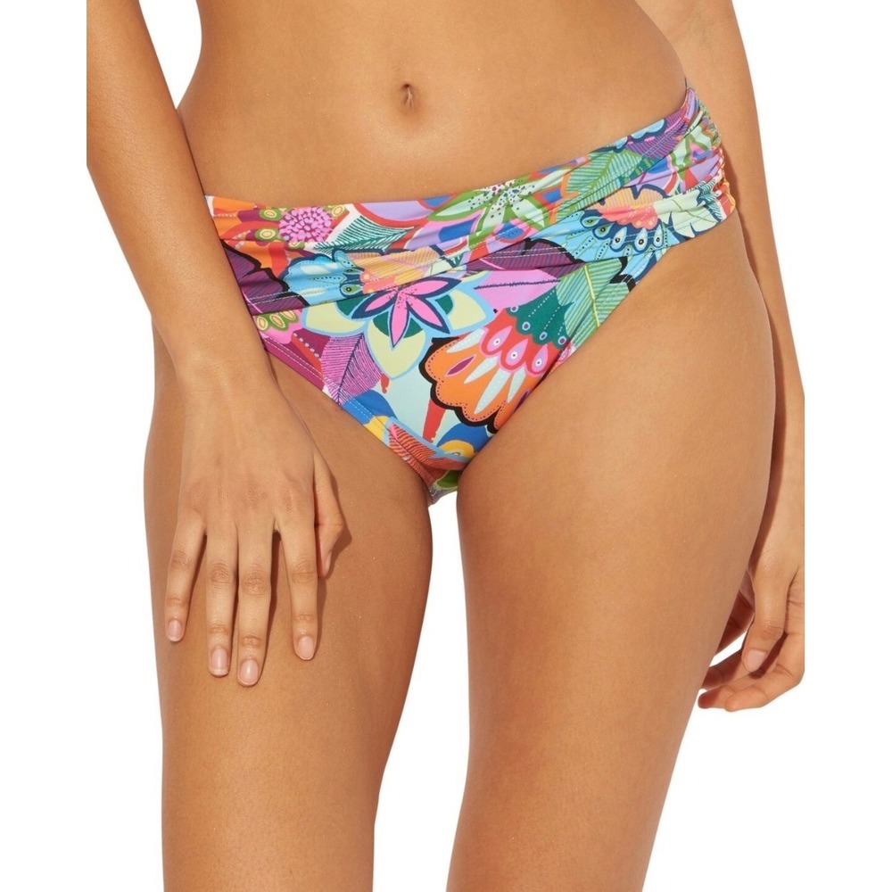 Bleu Rod Beattie Multi Floral Ruched Bikini Bottom Size 10 Tropical Resort NEW